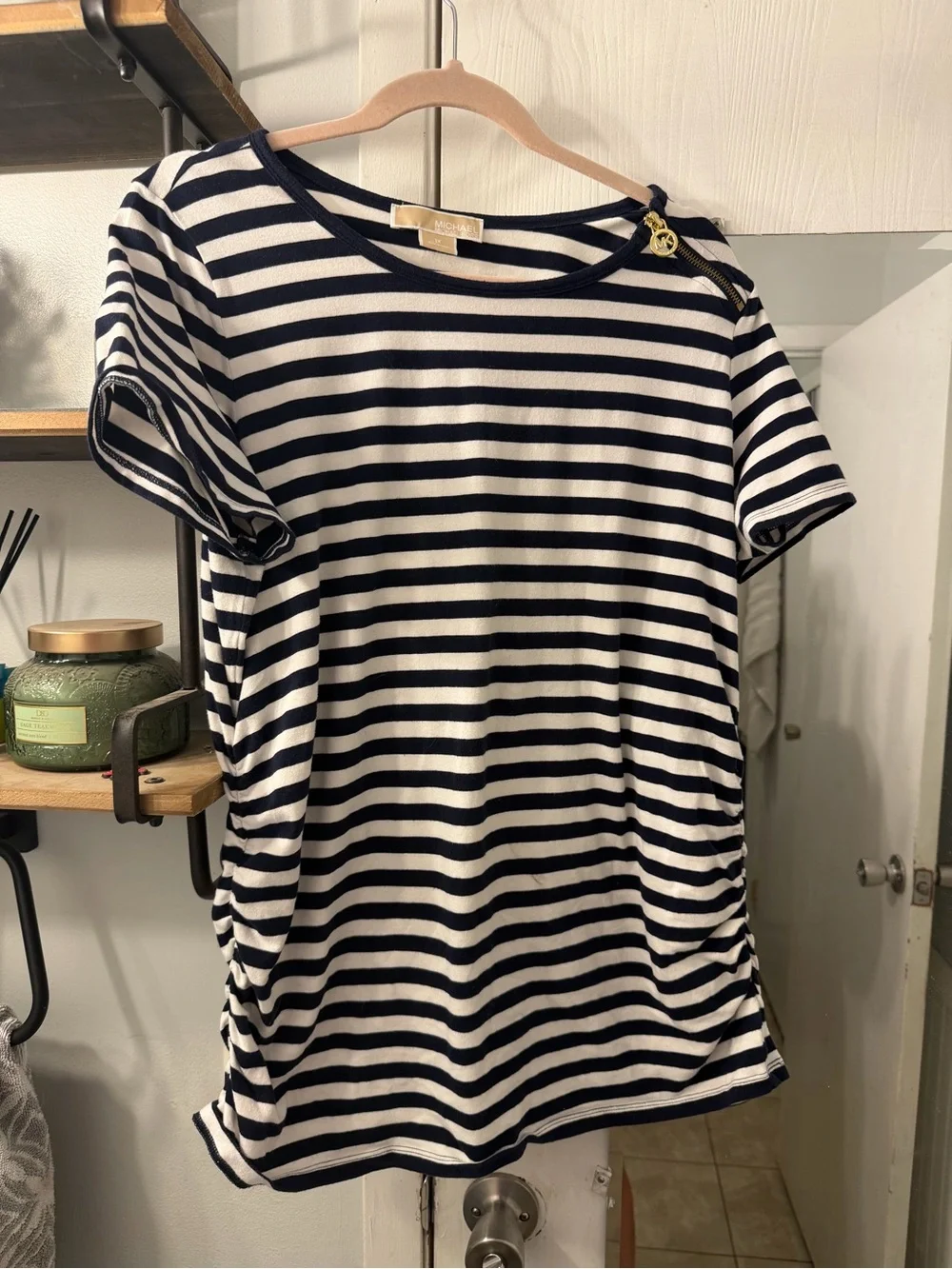 Michael Kors Navy and White Striped Short-Sleeve Tee
